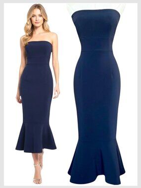 Cinq a Sept Luna Strapless Mermaid Midi Dress Navy Bodycon Size 2